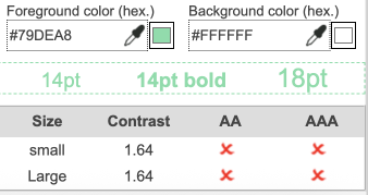 Contrast checker showing 1.64 ratio failing AA and AAA