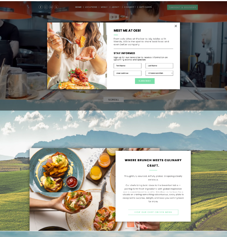 OEB homepage before redesign, showing an immediate newsletter pop-up over a full-width video hero