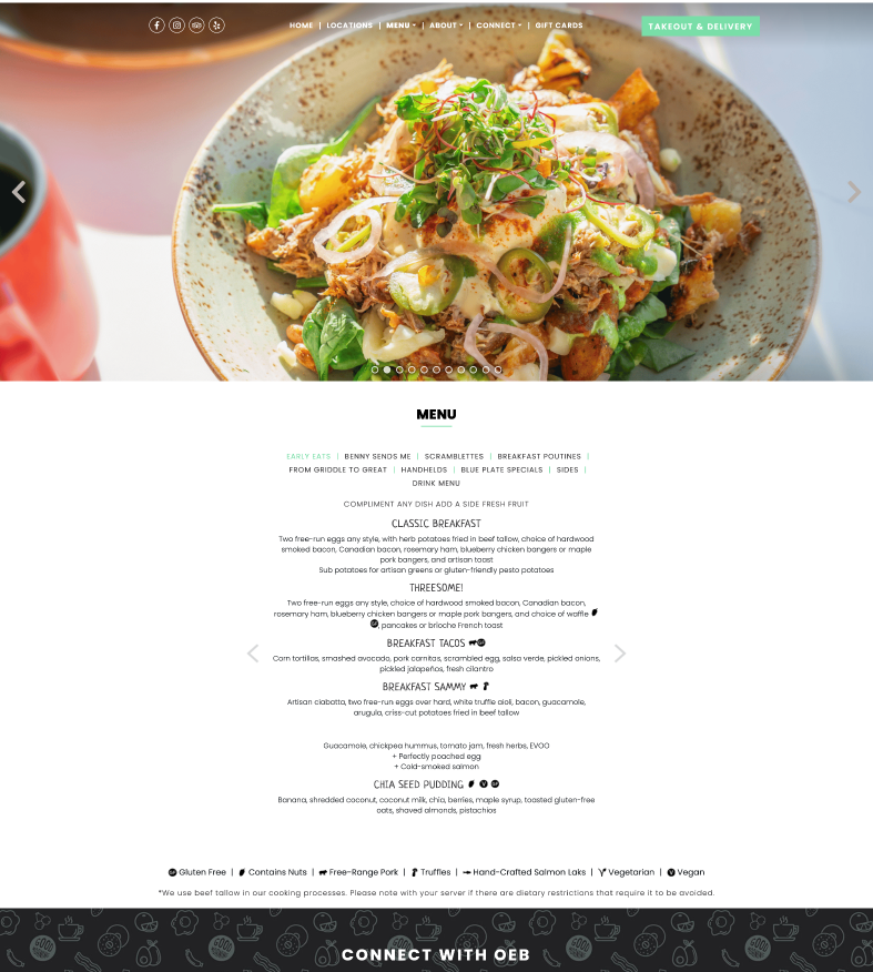 OEB menu page before redesign, an auto-rotating carousel above a text-only menu